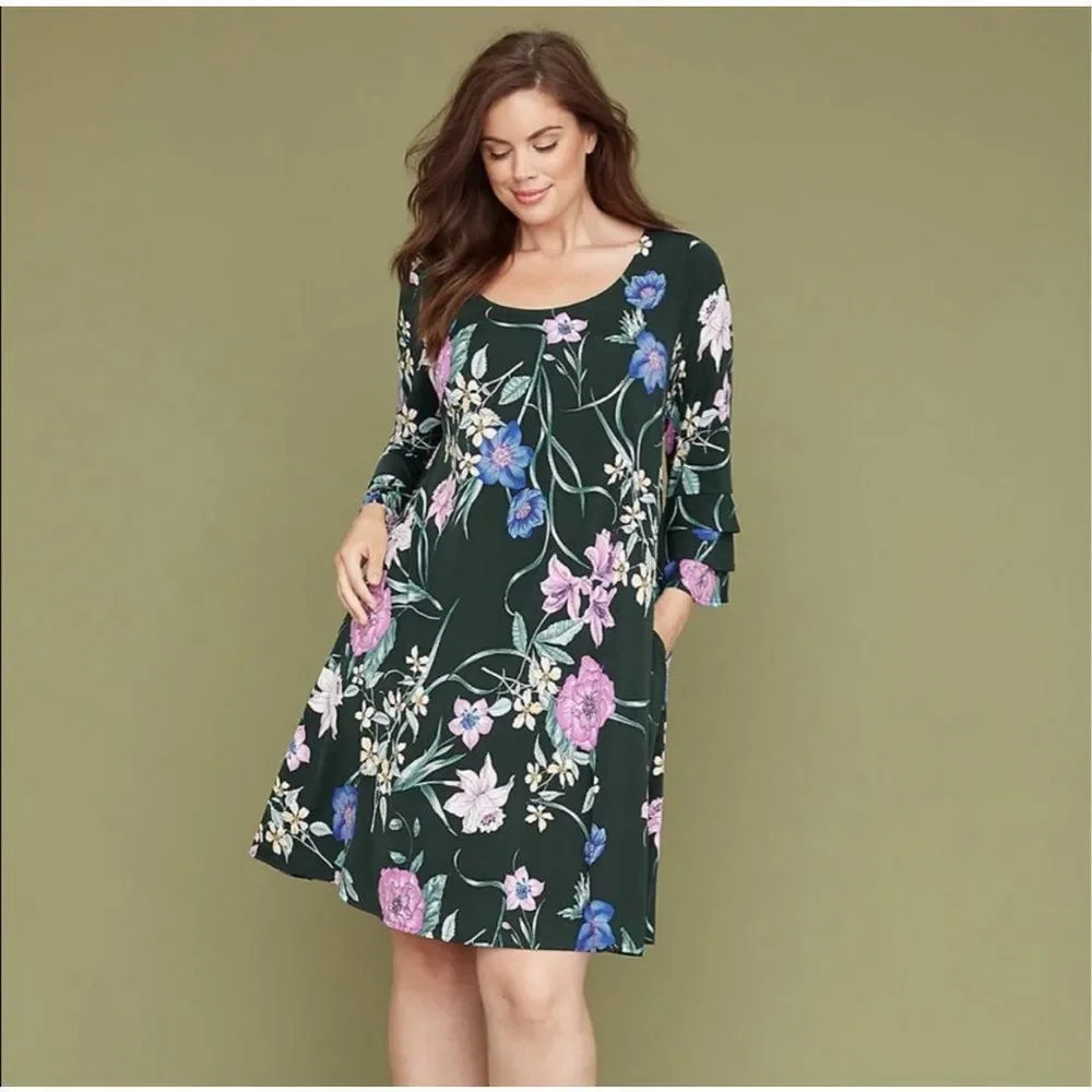 Lane Bryant Floral Green Ruffle‎ Sleeve Swing Dress Size 26/28 4X